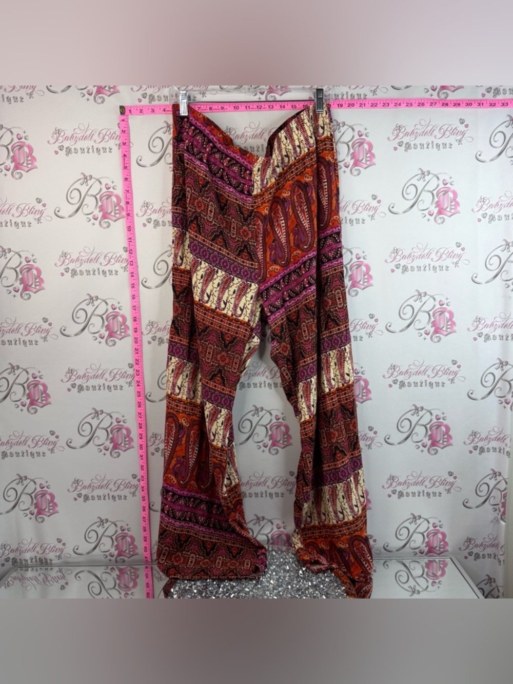 Ambiance Orange, Magenta, Cream, Brown Paisley Elastic-Waist Pants wide flare